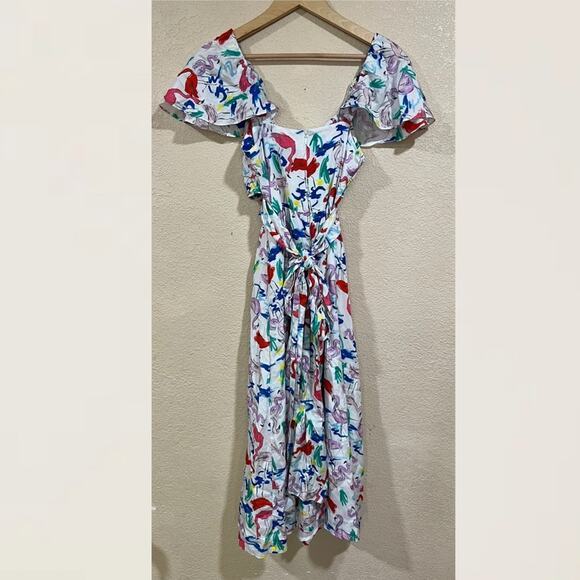 Tanya Taylor White Colorful Flamingo Wrap Bodice Teigan Silk Midi Dress 4 - Picture 5 of 9